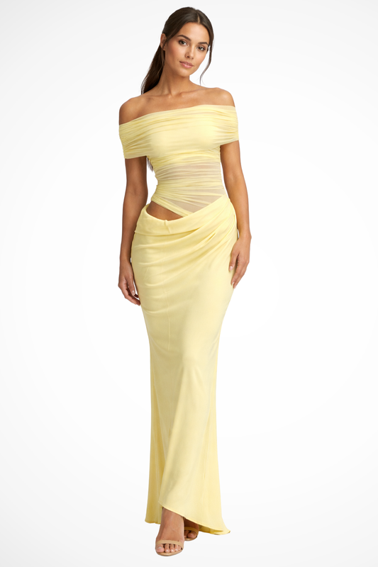 Grace | Summer Women Off-Shoulder Ruched Mesh Bodycon Wedding Guest Maxi Dress