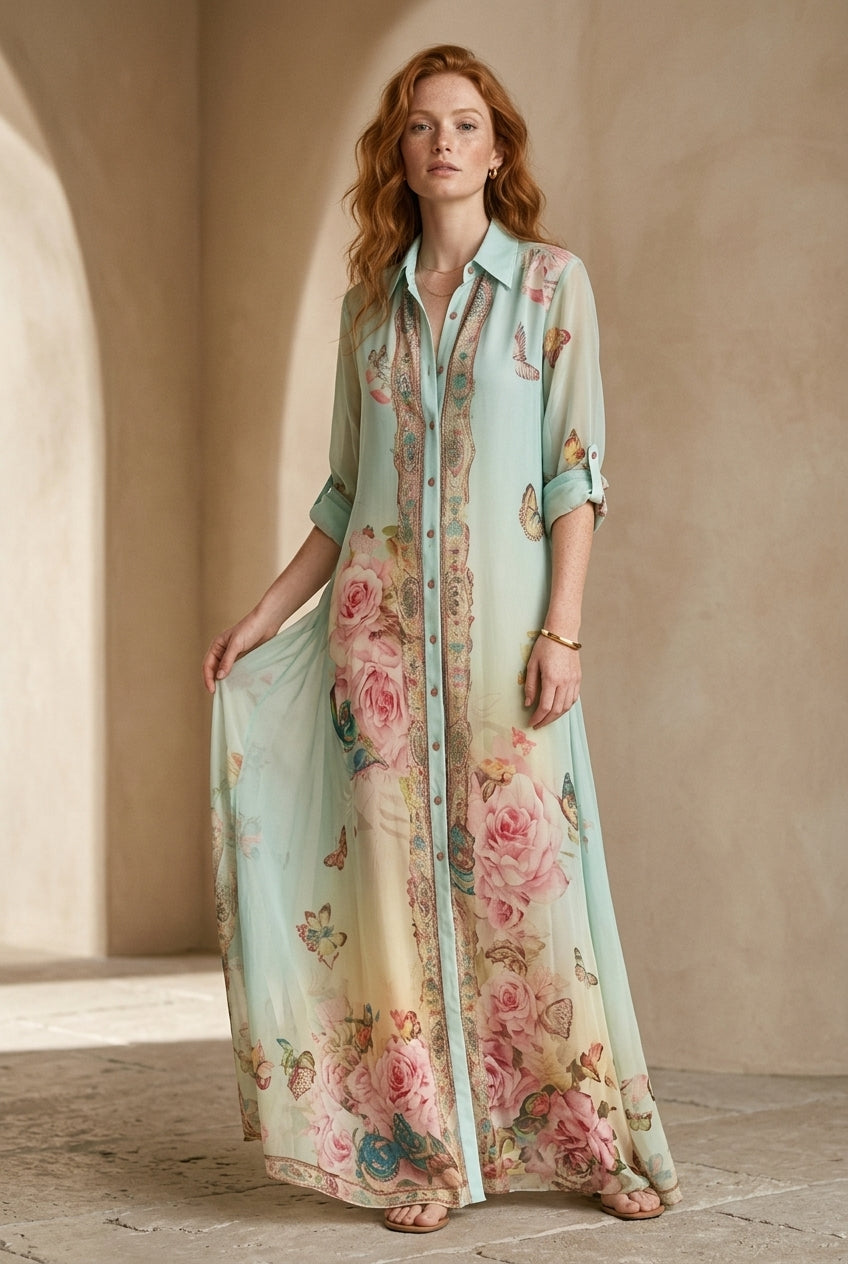Robe maxi verte menthe fleurie de style baroque