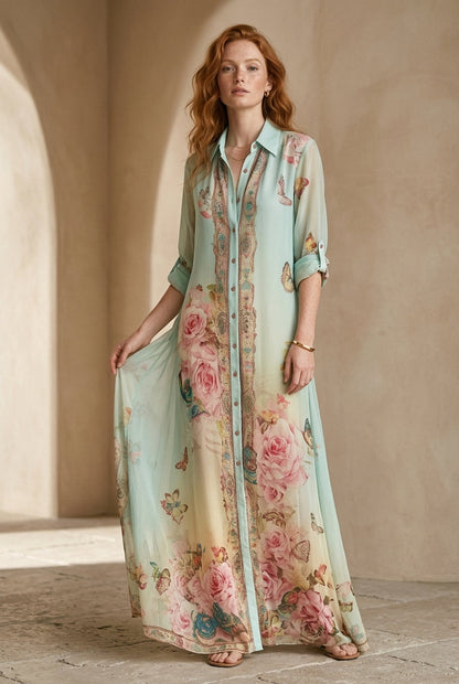 Robe maxi verte menthe fleurie de style baroque
