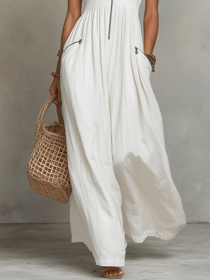 Robe maxi bohème avec fermeture éclair blanche à l'avant