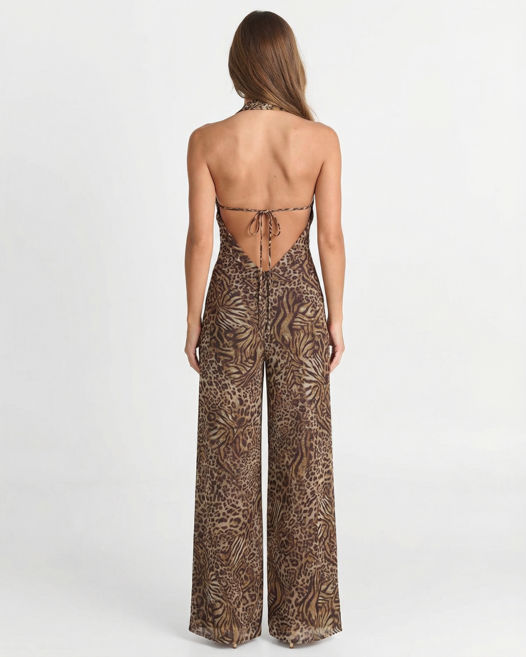Combinaison à jambes larges et col halter imprimé léopard