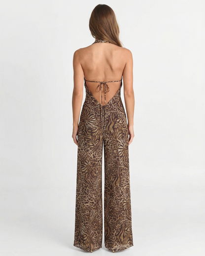 Combinaison à jambes larges et col halter imprimé léopard