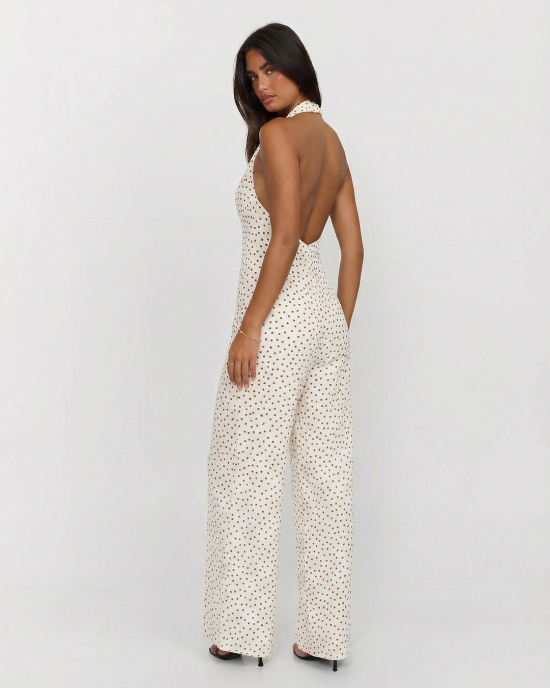 Combinaison chic à col halter à pois et jambes larges pour femmes
