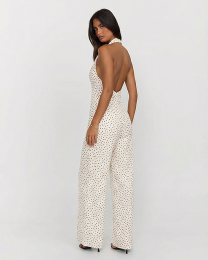 Combinaison chic à col halter à pois et jambes larges pour femmes