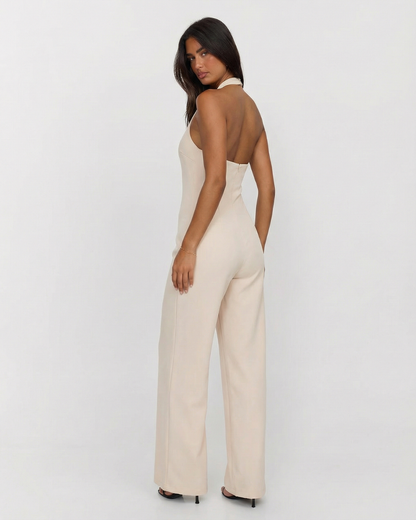 Combinaison chic à col halter et jambes larges au design minimaliste