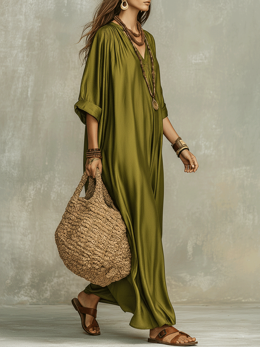 Robe maxi bohème vert olive à coupe décontractée