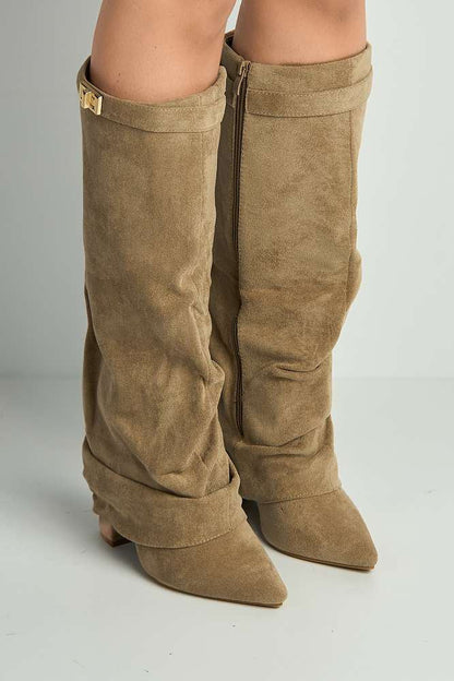 Izel Taupe Suede Pointed Toe Block Heel Boots with Gold Trim Buckle and Ruched Detail