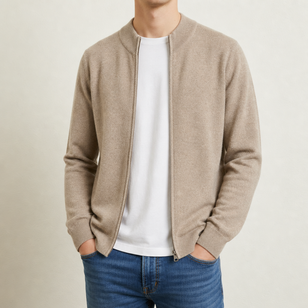 Cashmere Blend Zip Cardigan Lightweight Ribbed Knit – Elara