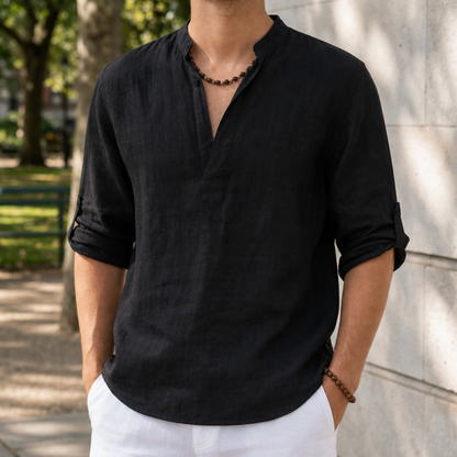 Linen Henley Shirt with Roll Tab Sleeves – Soren