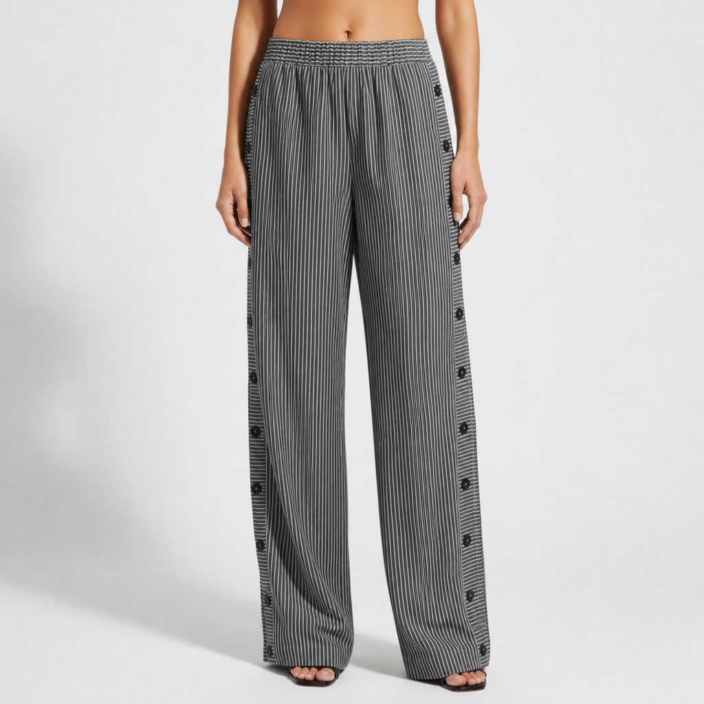 Women's Striped Cotton Blend Tailored Pants Button Detail – Marlowe