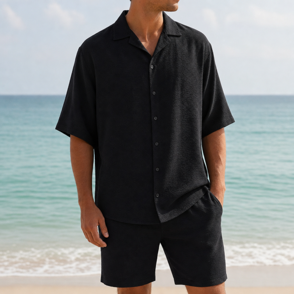 Matching Co-ord Set Textured Poly Blend Short Sleeve Shirt and Shorts – Marlowe