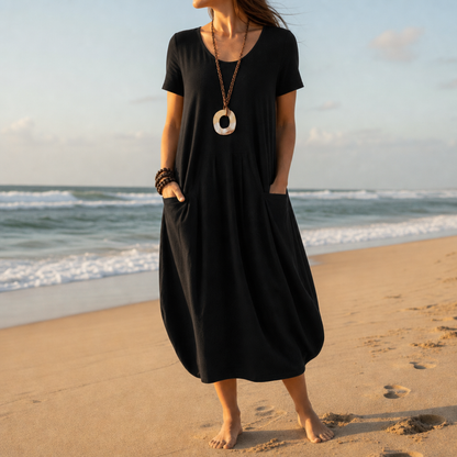 Women’s Relaxed Cotton Blend Midi Dress with Pockets – Maren
