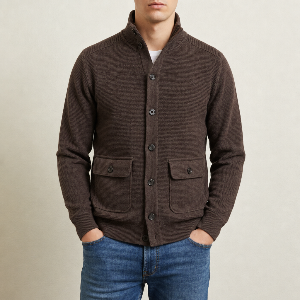 Women's Stand Collar Knit Jacket Smooth Polyester Blend – Elara