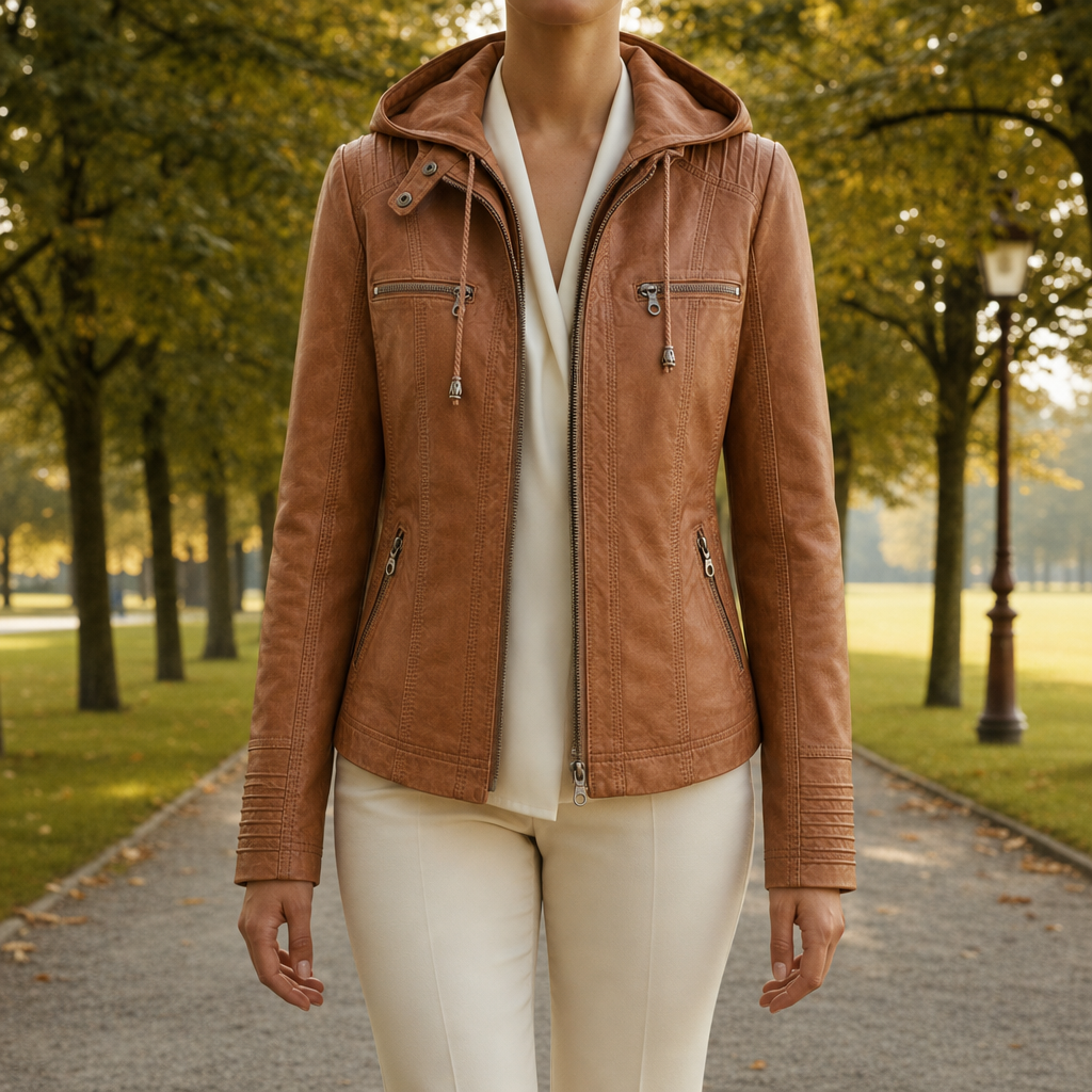 Leather Moto Jacket With Hood for Women Faux Leather Zip Front – Sienna