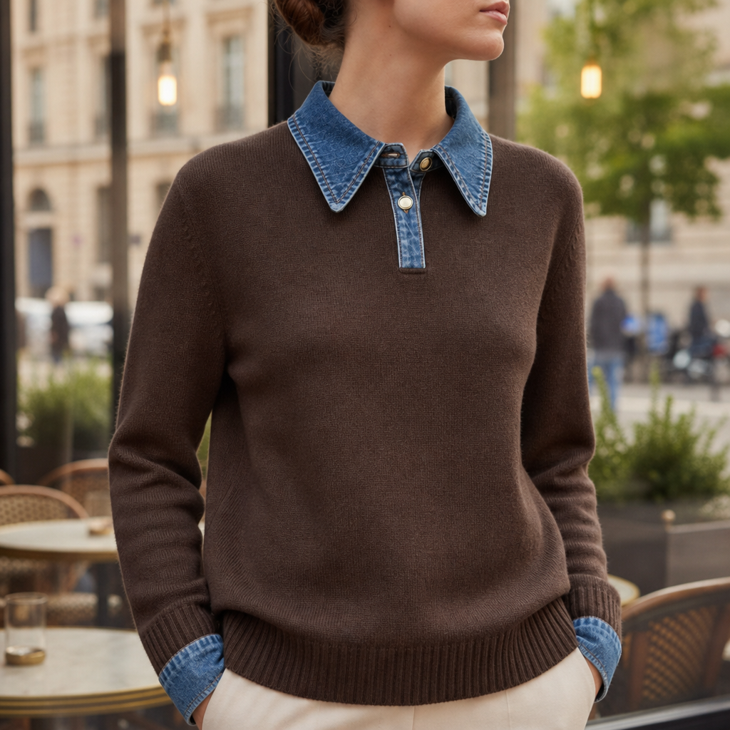Women's Denim Collar Knit Sweater Relaxed Stretch Fit – Celeste