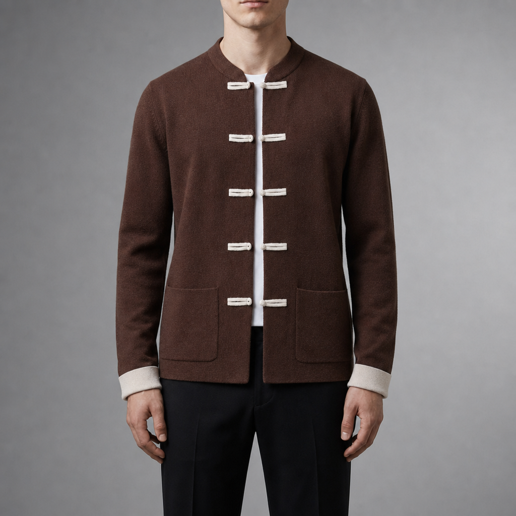 Cashmere Blend Cardigan Stand Collar Loop Closure – Maren