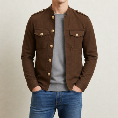 Cotton Stand Collar Button Jacket With Military Details – Arden