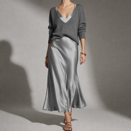 Women's Satin Midi Skirt And Cardigan Set Relaxed Fit – Marlowe