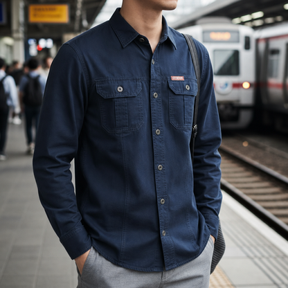 Men's Cotton Blend Long Sleeve Shirt Regular Fit Chest Pockets – Rowan