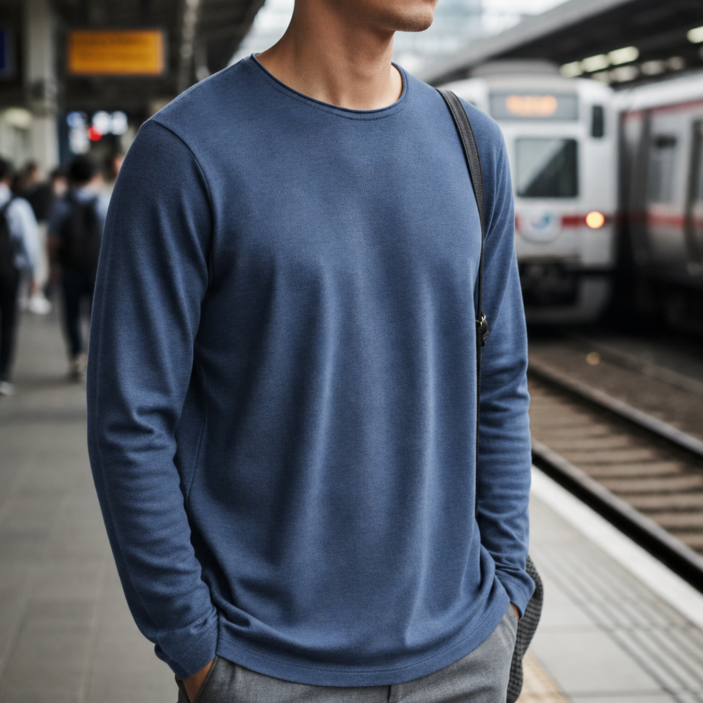 Long Sleeve Cotton Blend T-Shirt Crew Neck Solid Colour – Arlen