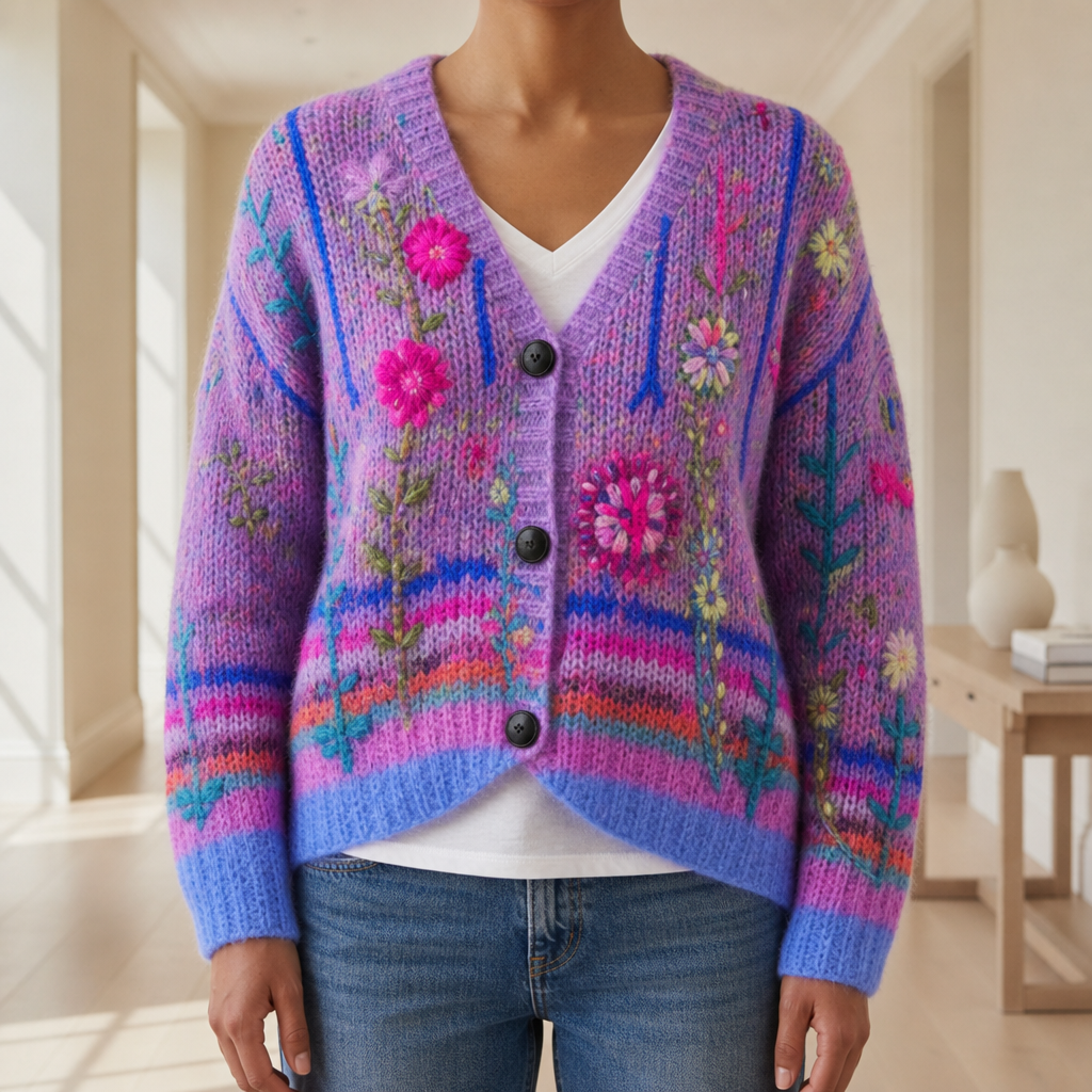 Women's Floral Embroidered Cotton Blend Cardigan Slim Fit – Elara