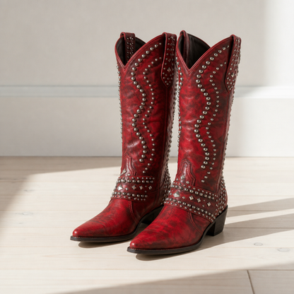 Women's Studded Western Knee High Boots Pointed Toe Block Heel – Marlowe