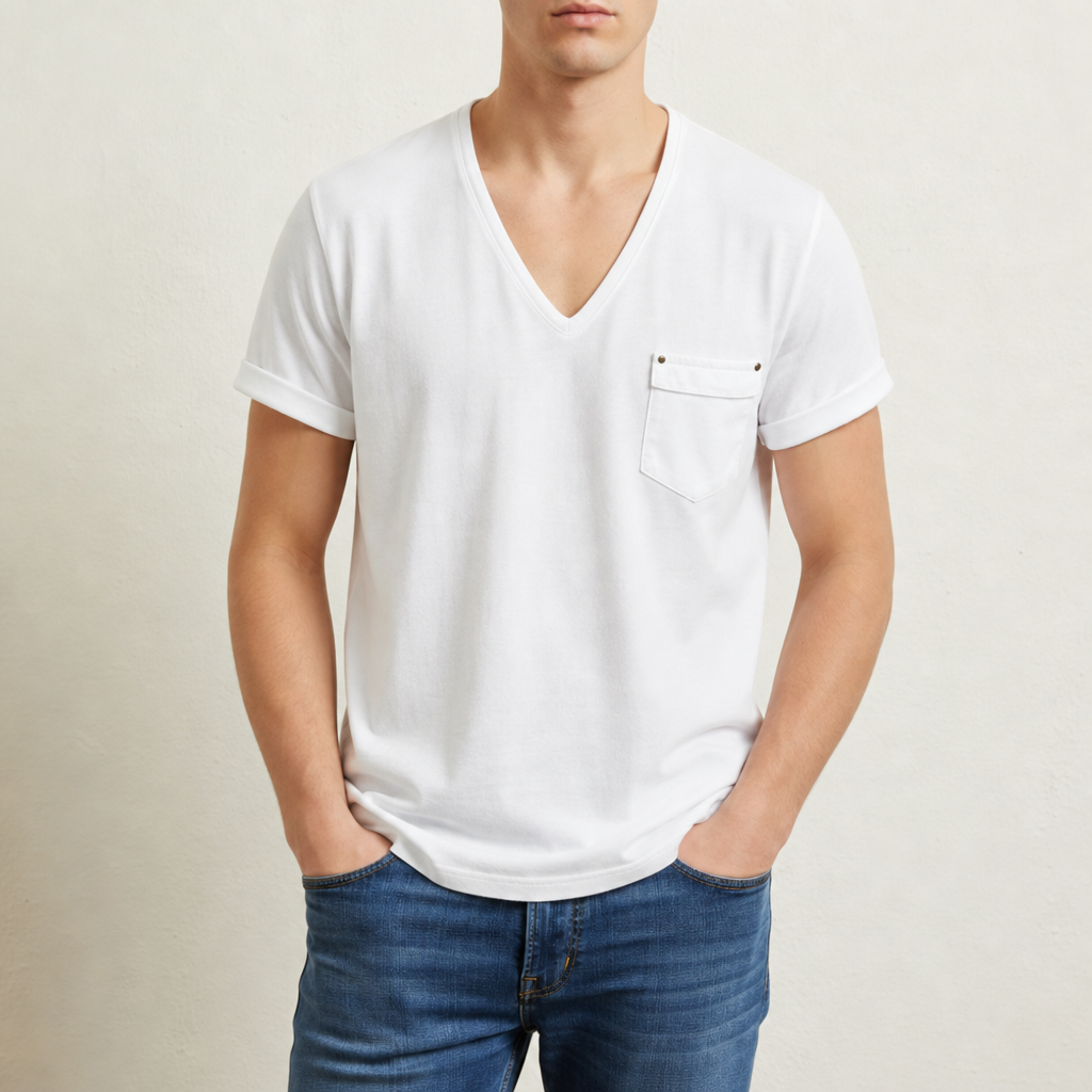 Men's Cotton Blend Deep V Neck Pocket T Shirt Regular Fit – Laurent