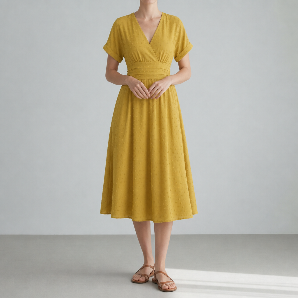Women's Swiss Dot Wrap Midi Dress Pleated Waist V-Neck – Maren