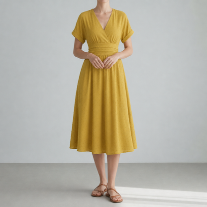 Women's Swiss Dot Wrap Midi Dress Pleated Waist V-Neck – Maren