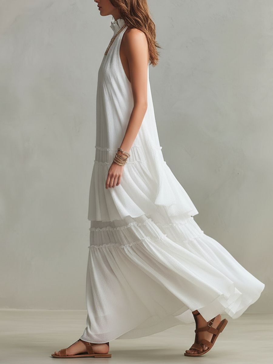 Robe maxi bohème légère à col montant et volants superposés