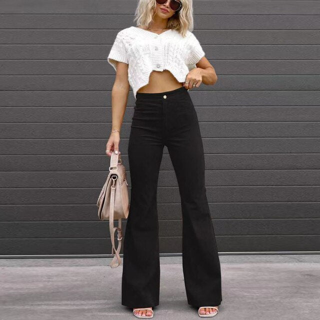 Elegant High-Waist Flared Pants for Women - Versatile Wide Leg Trousers for Casual and Formal Wear, Available in Various Colors