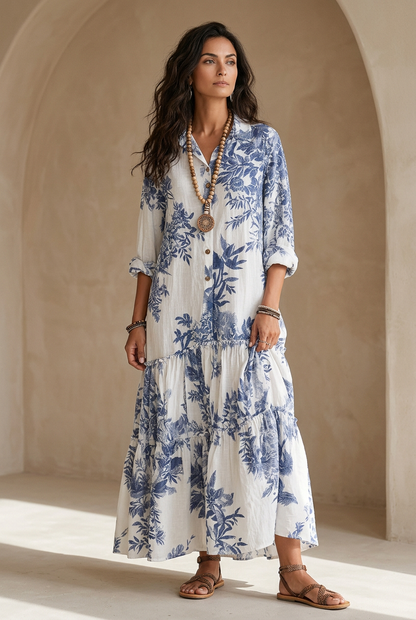 Robe maxi bohème chic bleue à fleurs avec détails boutonnés