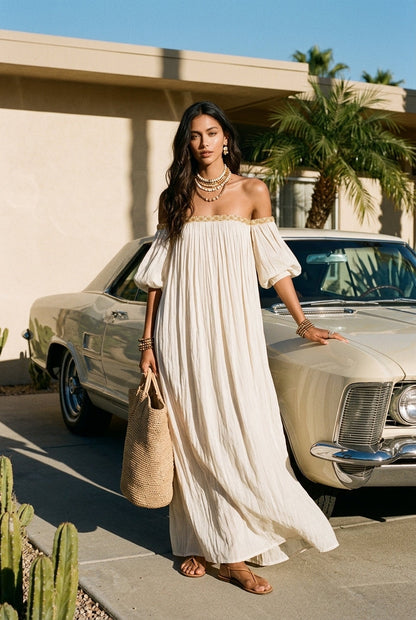 Robe maxi bohème ivoire plissée épaules dénudées