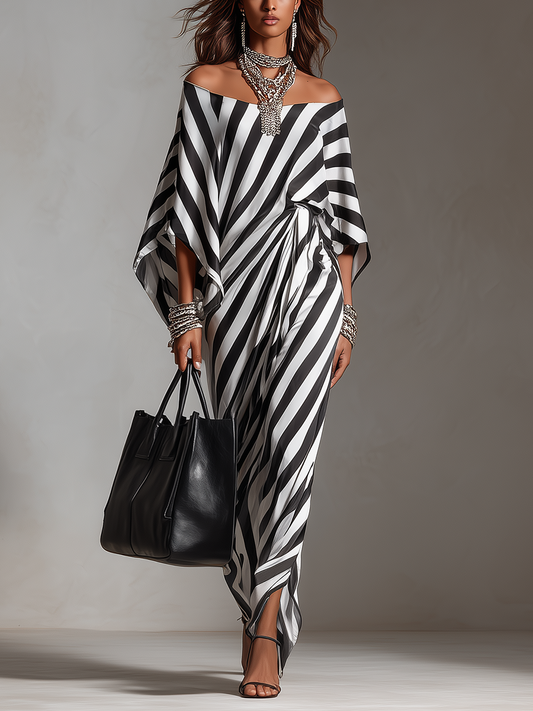 Vestido maxi asimétrico con rayas monocromáticas audaces