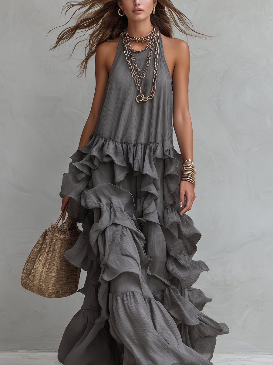 Robe maxi romantique chic grise à volants superposés