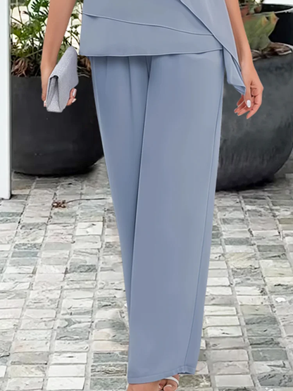 Women’s Two-Piece Pant Set – Elegant Overlay Top & Wide Leg Trousers