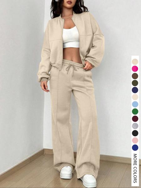 Women’s Two-Piece Set with Zip-Up Jacket and Wide-Leg Pants