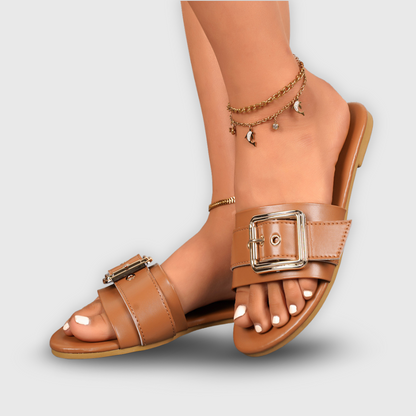 Kayla Lightweight Stylish Flat Buckle Slide Sandals with Neutral Tone