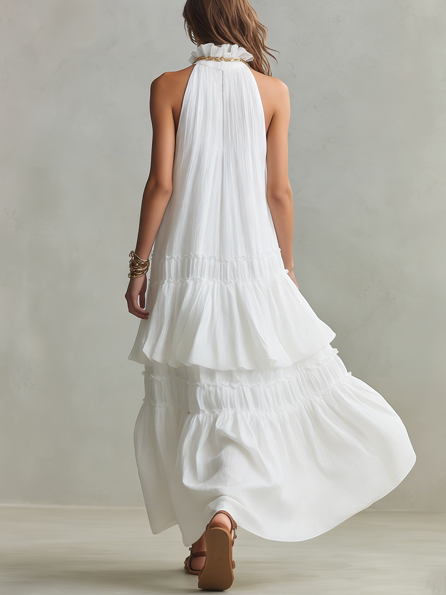 Robe maxi bohème légère à col montant et volants superposés
