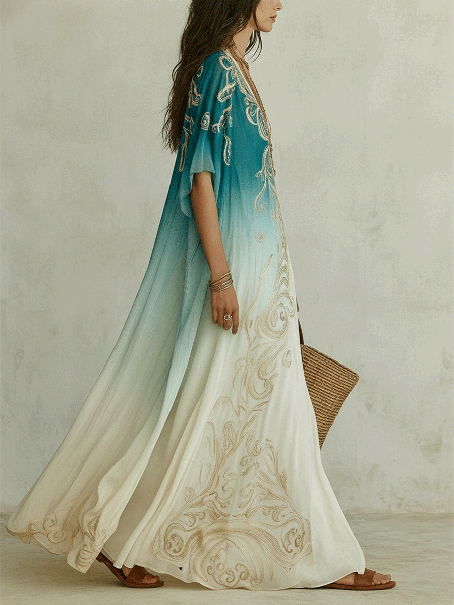 Robe kaftan maxi chic ombrée aqua avec élégance brise côtière