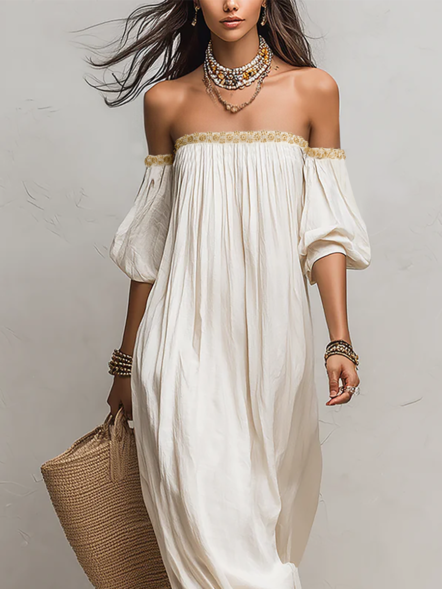 Robe maxi bohème ivoire plissée épaules dénudées