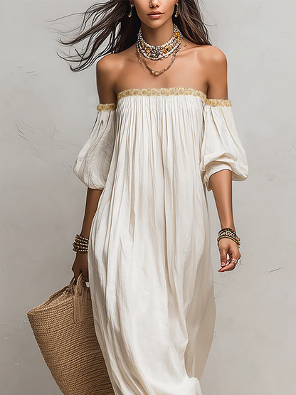 Robe maxi bohème ivoire plissée épaules dénudées
