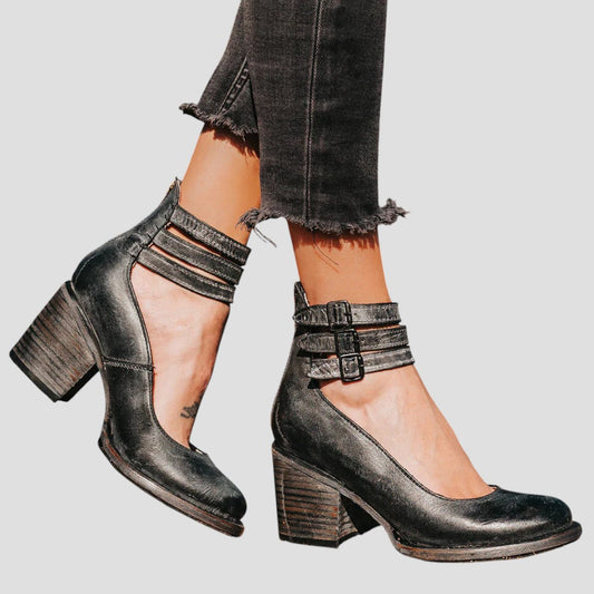 Luna | Women's Boots Double Ankle Straps Block Heel - Stylish Comfortable