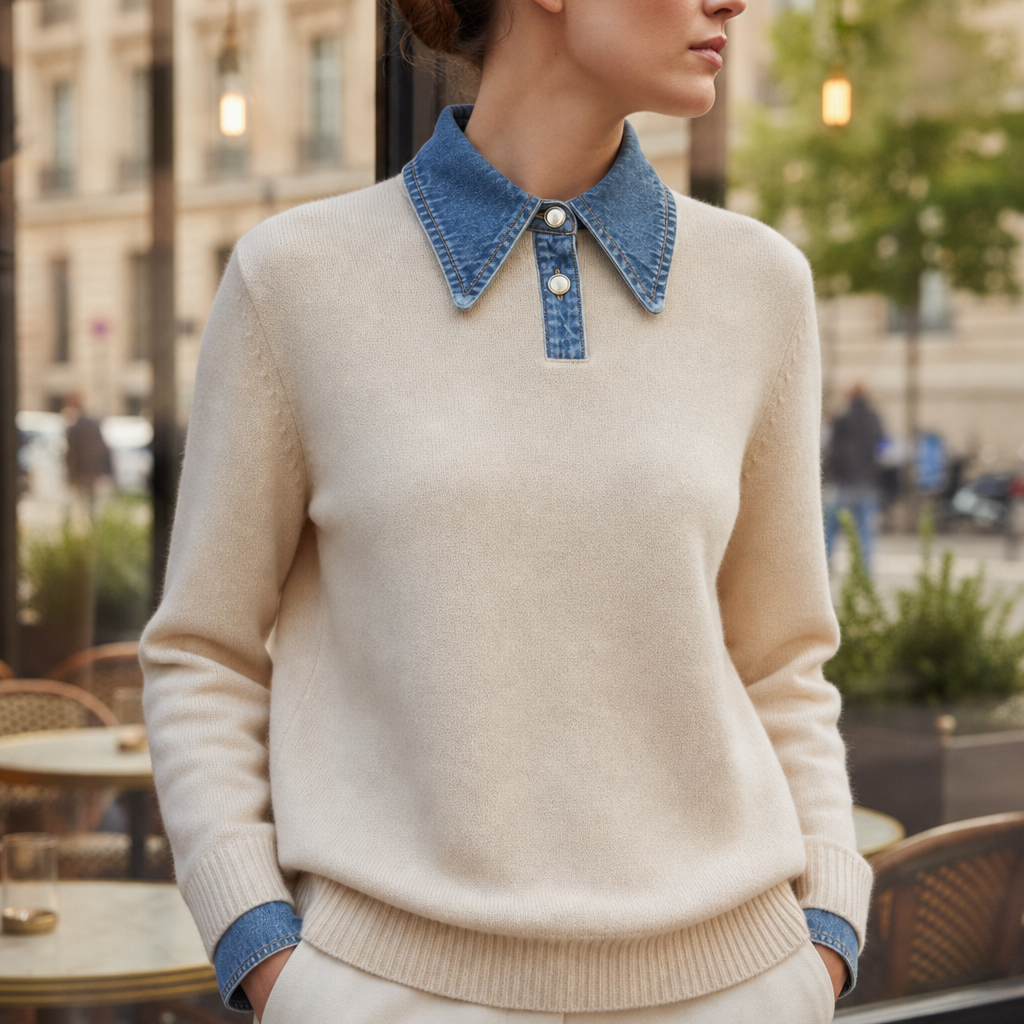 Women's Denim Collar Knit Sweater Relaxed Stretch Fit – Celeste