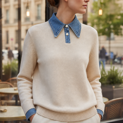Women's Denim Collar Knit Sweater Relaxed Stretch Fit – Celeste