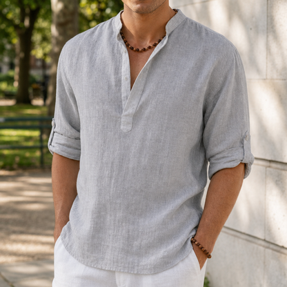 Linen Henley Shirt with Roll Tab Sleeves – Soren