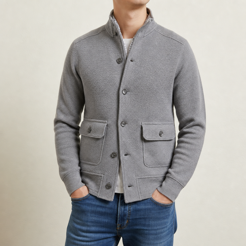 Women's Stand Collar Knit Jacket Smooth Polyester Blend – Elara