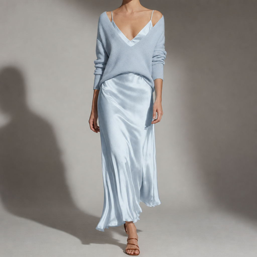 Women's Satin Midi Skirt And Cardigan Set Relaxed Fit – Marlowe