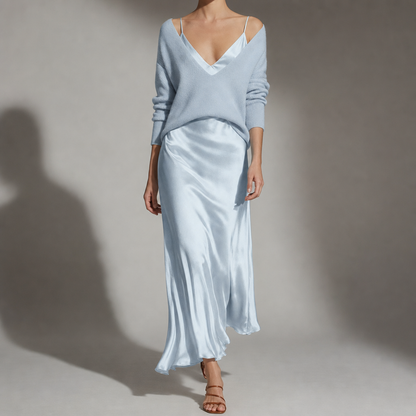 Women's Satin Midi Skirt And Cardigan Set Relaxed Fit – Marlowe