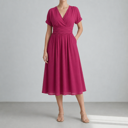 Women's Swiss Dot Wrap Midi Dress Pleated Waist V-Neck – Maren